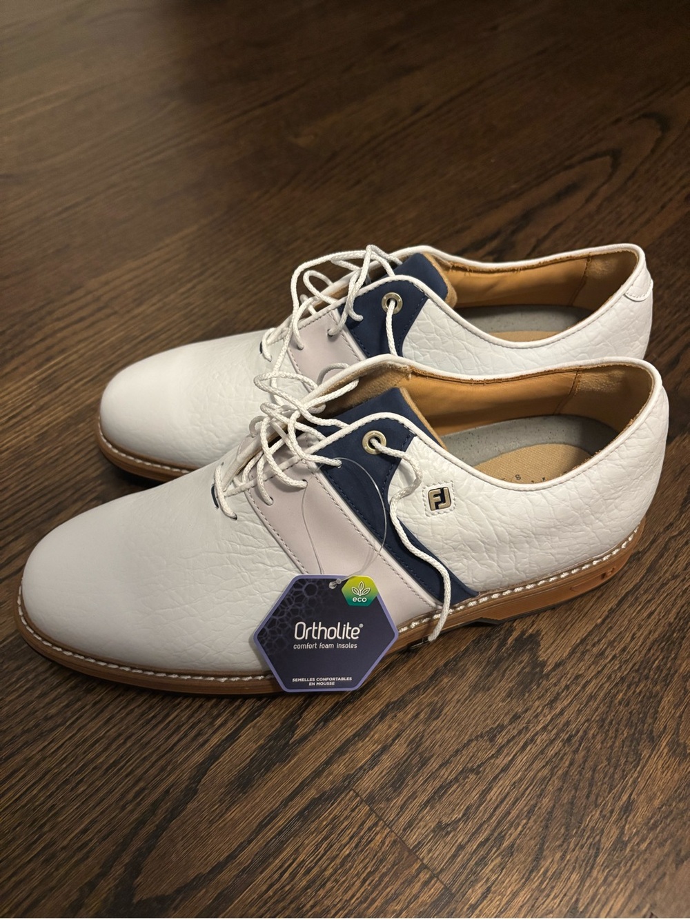 NWT - Men’s FootJoy Premiers White Leather Golf Shoes with Navy and Tan Accents